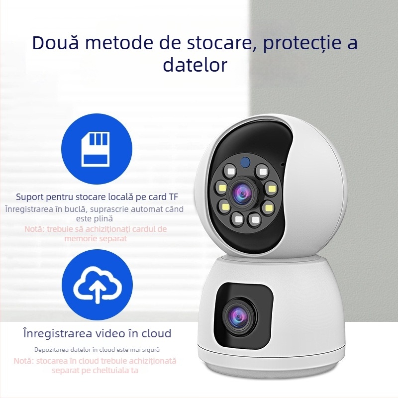 Cameră de supraveghere wireless Wi‑Fi pentru interior cu rotație orizontală de 355°, înclinare verticală de -90° până la +90°, viteză orizontală 60°/s, viteză verticală 0.1–50°/s, alimentare 5V.