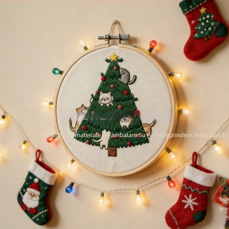 Kit DIY de broderie pentru Bradul de Crăciun cu țesătură nețesută solubilă în apă, adeziv pe dos, stil Nordic, personalizare disponibilă, pentru living