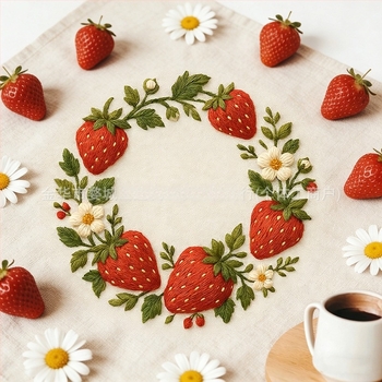 Set materiale broderie DIY cu pânză nețesută hidrosolubă, adeziv pe dos, model căpșună, realizat manual, stil Nordic, personalizare disponibilă