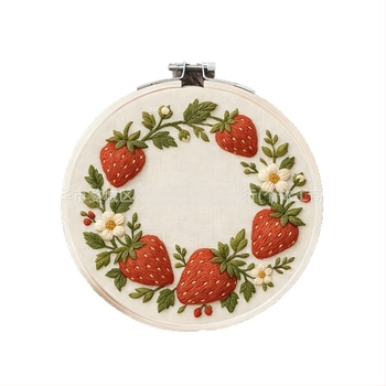 Set materiale broderie DIY cu pânză nețesută hidrosolubă, adeziv pe dos, model căpșună, realizat manual, stil Nordic, personalizare disponibilă