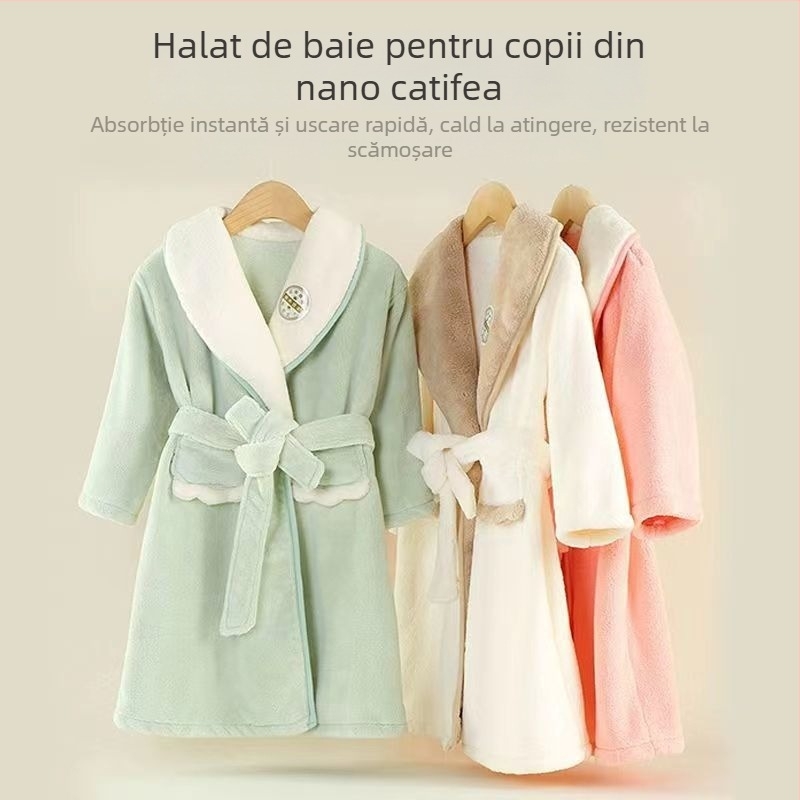 Halat de baie pentru copii din fleece coral – gros, uscat rapid, fără scăpare de fibre, cu curea, pentru toamnă și iarnă