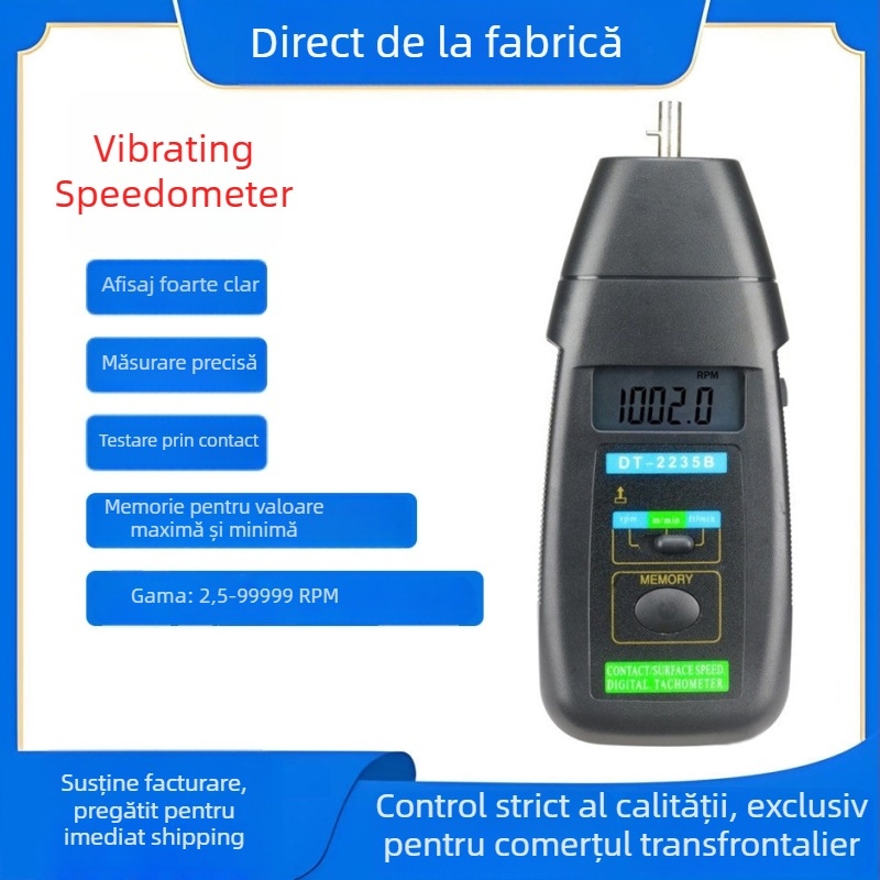 Tachometru de contact DT-2235B – precizie 2,5–99,999 rpm; eșantionare 0,8 s; distanță de măsurare 50–500 mm; alimentare 9 V; 20 seturi de date