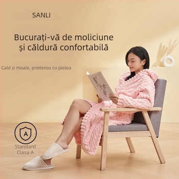 Halat de baie cu glugă, din fleece coral, 840 g, cald pentru toamnă și iarnă