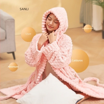 Halat de baie cu glugă, din fleece coral, 840 g, cald pentru toamnă și iarnă