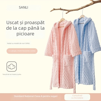 Halat de baie cu glugă, din fleece coral, 840 g, cald pentru toamnă și iarnă