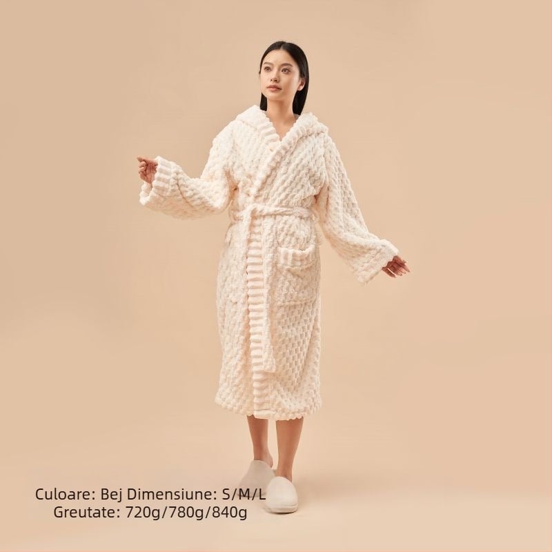 Halat de baie cu glugă, din fleece coral, 840 g, cald pentru toamnă și iarnă