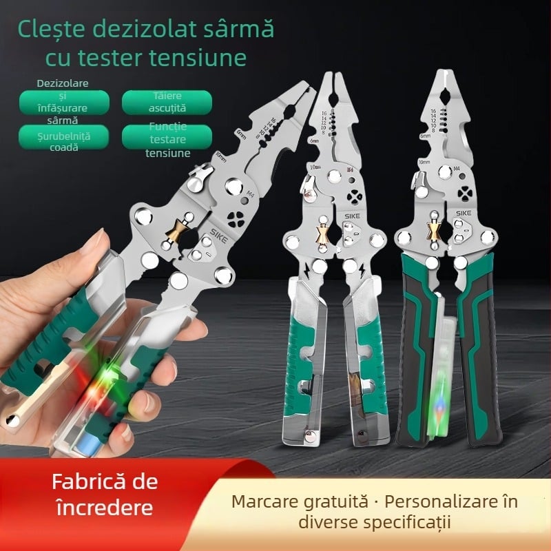 Clește dezizolator pentru cabluri cu vârf ascuțit, tester de tensiune încorporat, tras cabluri și tăiere, unealtă pliabilă