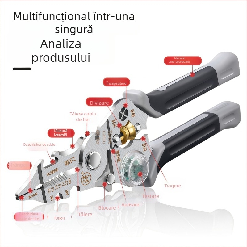 Clește de dezizolare a cablurilor 10-în-1, industrial, secțiuni pentru înfășurare și crimpare, cu puncte de test, Material: oțel aliat NiCr