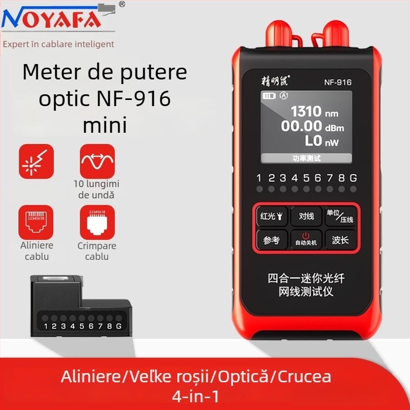 NF-916 Măsurător/Detector de Putere Optică, Mini dispozitiv patru în unu pentru fibre optice, cu detectare de linie; domeniu de măsură -60 până la +8 dBm, precizie ±0,3 dB, pentru testarea fibrelor optice