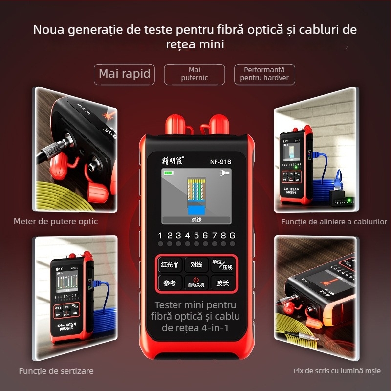 NF-916 Măsurător/Detector de Putere Optică, Mini dispozitiv patru în unu pentru fibre optice, cu detectare de linie; domeniu de măsură -60 până la +8 dBm, precizie ±0,3 dB, pentru testarea fibrelor optice