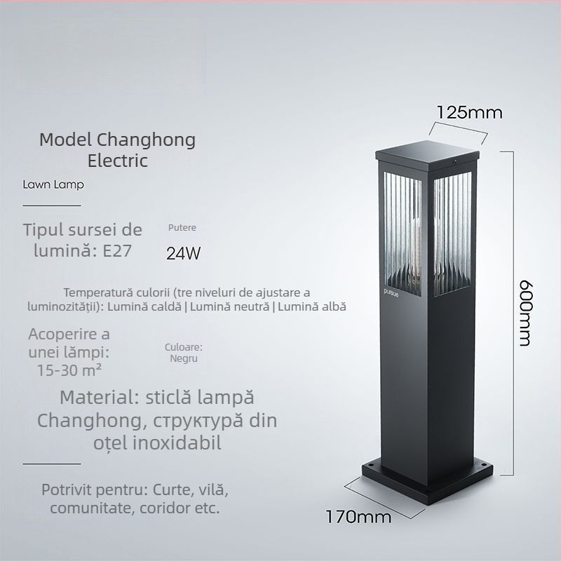 Lampă solară de gazon pentru exterior, impermeabilă, LED 12W, IP65, model Square Glass Lawn Lamp, oțel inoxidabil, durată de iluminare 12–16 ore