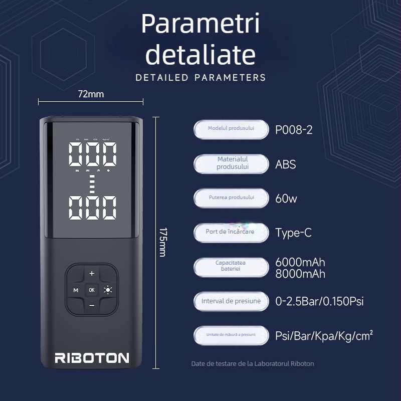Pompa de aer electric portabilă, fără fir, cu manometru; cilindru dublu, 120W, 5V/3A, debit 25 L/min, LED