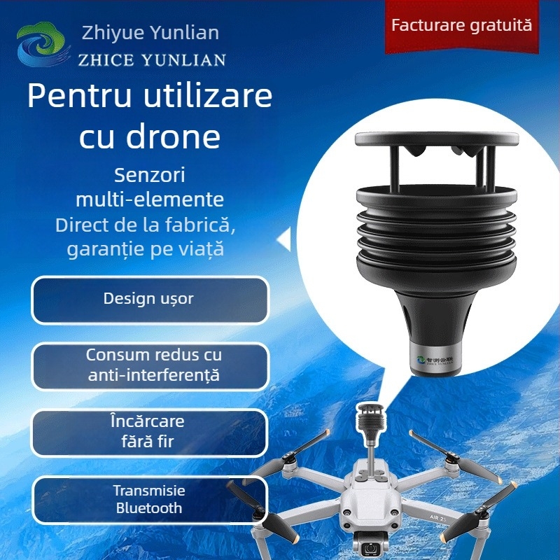 Stație meteorologică ultrasonică pentru drone — viteza și direcția vântului, temperatură, umiditate și ploi; 9–30V, 1 kg, model ZC-