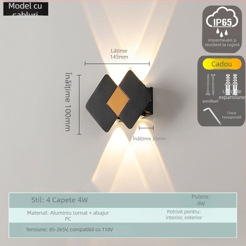 LED lampă de perete LED impermeabilă, cu două capete, iluminare sus-jos, design modern pentru curte terasă - 10 LED, 85-265V, 3000K, unghi fascicul 120°, IP65