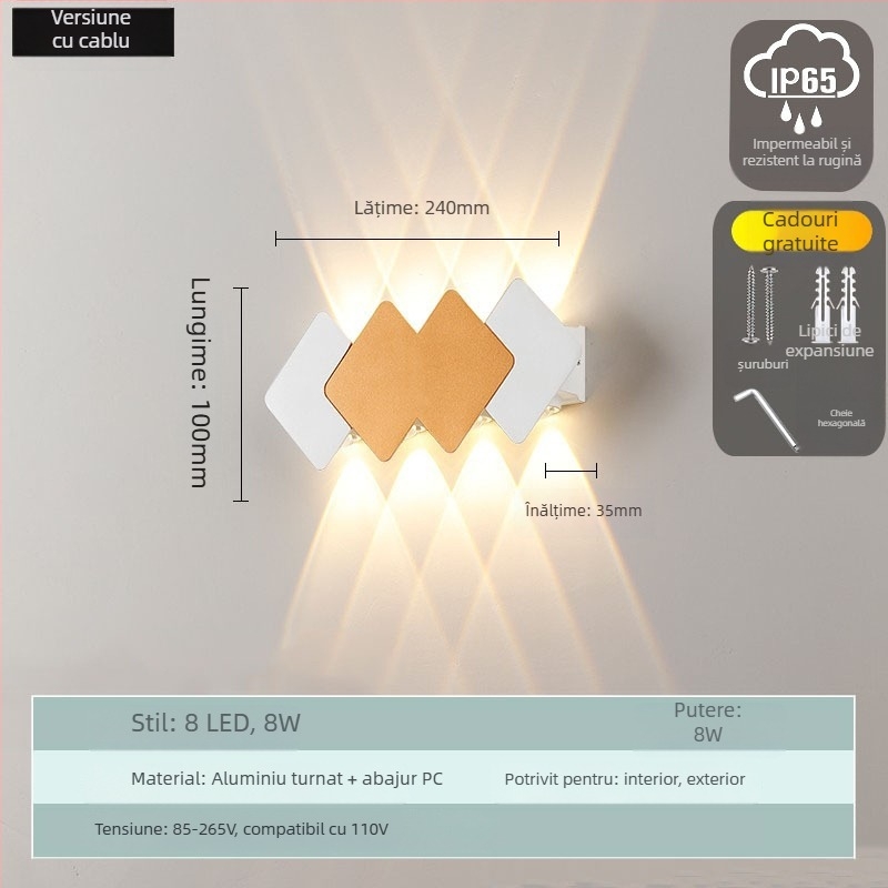 LED lampă de perete LED impermeabilă, cu două capete, iluminare sus-jos, design modern pentru curte terasă - 10 LED, 85-265V, 3000K, unghi fascicul 120°, IP65