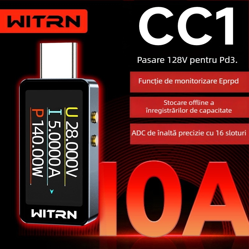 Tester de tensiune și curent cu PD3.1 pass-through, 28V, porturi Type-C duale