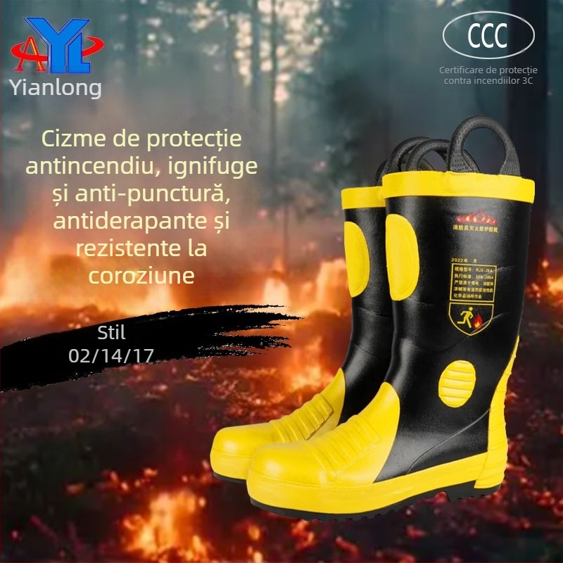 Cizme de pompieri Yinanlong - Partea superioară înaltă, Vârf din oțel, Rezistente la impact, Rezistente la perforare, Antiderapante