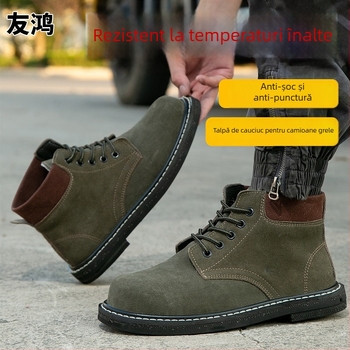 Pantofi de lucru pentru sudură, cu vârf din oțel, talpă groasă din cauciuc, rezistenți la lovituri, uzură și temperaturi ridicate, construcție din oțel turnat