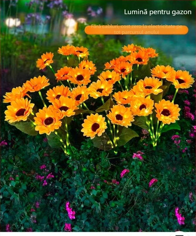 Lampă solară de exterior pentru curte, în formă de floarea-soarelui, pentru grădină | iluminare LED | Materiale: țesătură Juan + ABS + oțel inoxidabil | IP65 rezistent la apă | Certificare CE UE | Personalizare disponibilă