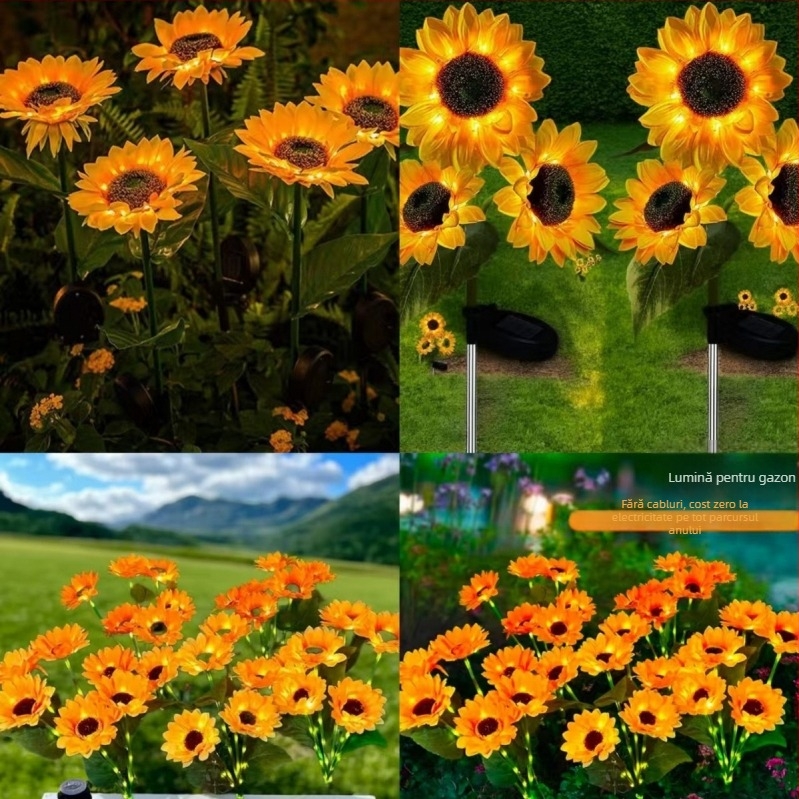 Lampă solară de exterior pentru curte, în formă de floarea-soarelui, pentru grădină | iluminare LED | Materiale: țesătură Juan + ABS + oțel inoxidabil | IP65 rezistent la apă | Certificare CE UE | Personalizare disponibilă