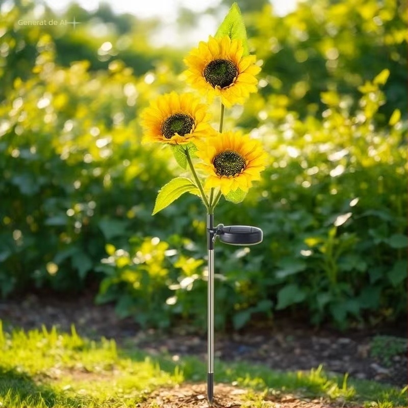 Lampă solară de exterior pentru curte, în formă de floarea-soarelui, pentru grădină | iluminare LED | Materiale: țesătură Juan + ABS + oțel inoxidabil | IP65 rezistent la apă | Certificare CE UE | Personalizare disponibilă