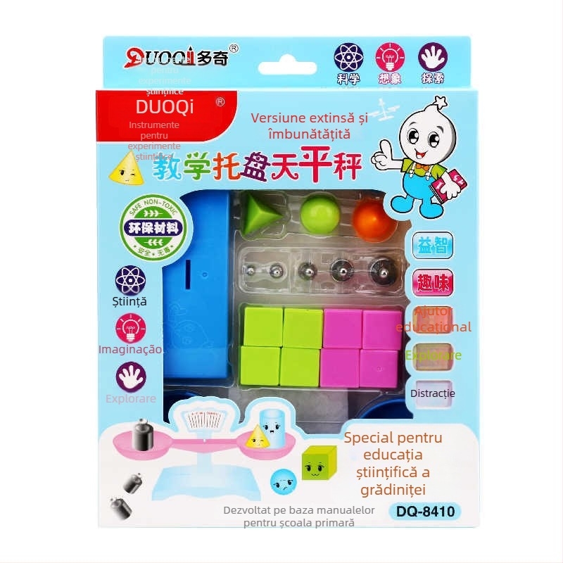 Duoqi balanță – material didactic pentru învățământul primar (clasele II–III), matematică și experimente de fizică, din plastic, tavă și greutăți.