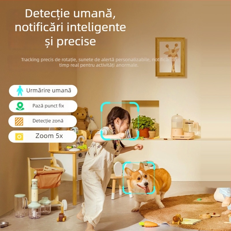 Cameră inteligentă de interior cu obiectiv dublu, 1080p, vizualizare pe timp de noapte, microfon încorporat, comunicație bidirecțională, control prin aplicație mobilă