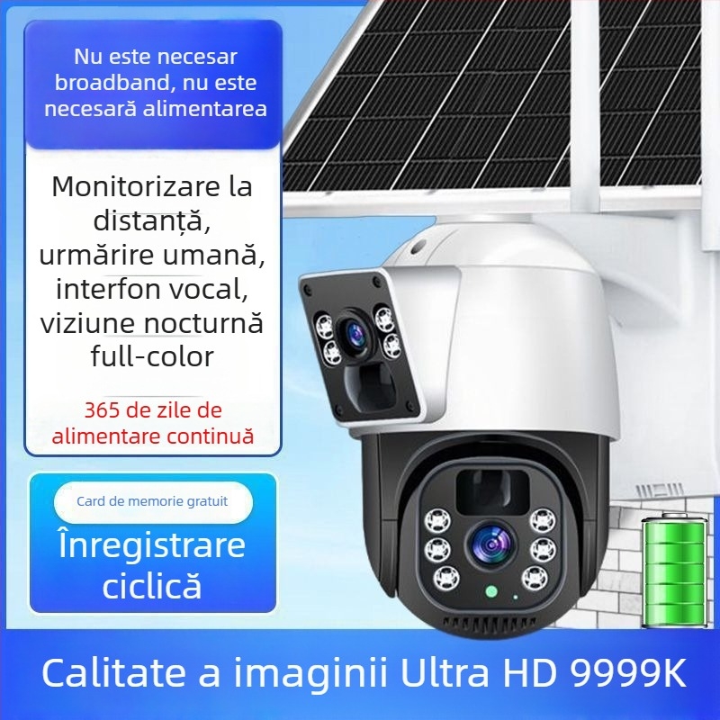 Cameră de supraveghere solară pentru exterior, cu acoperire de 360°, fără unghiuri moarte, claritate ultra, impermeabilă