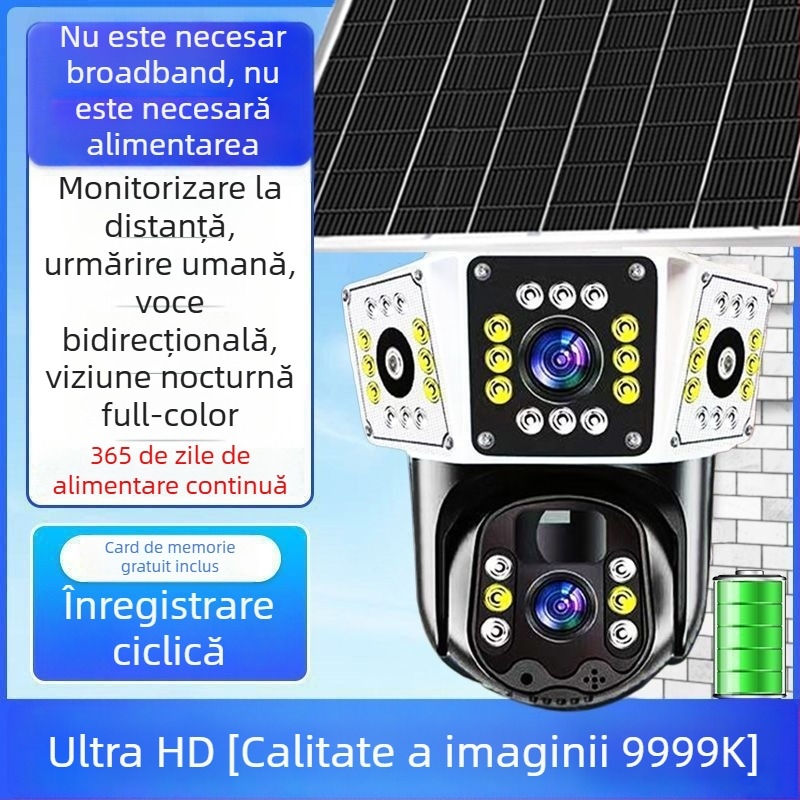 Cameră de supraveghere solară pentru exterior, cu acoperire de 360°, fără unghiuri moarte, claritate ultra, impermeabilă