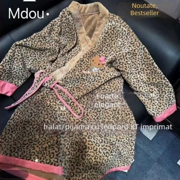 Halat de baie leopard din coral fleece, gros, cald pentru iarnă, femei, 85% poliester