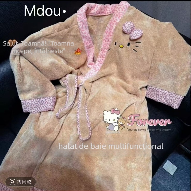 Halat de baie leopard din coral fleece, gros, cald pentru iarnă, femei, 85% poliester