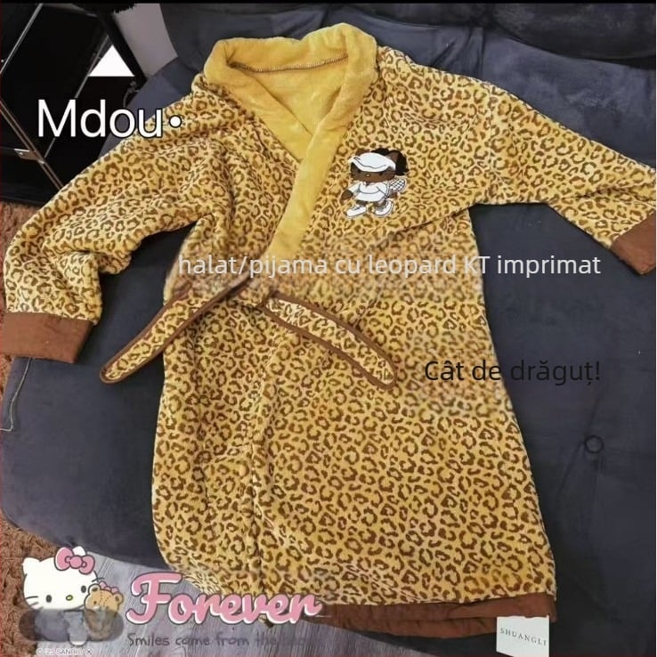 Halat de baie leopard din coral fleece, gros, cald pentru iarnă, femei, 85% poliester