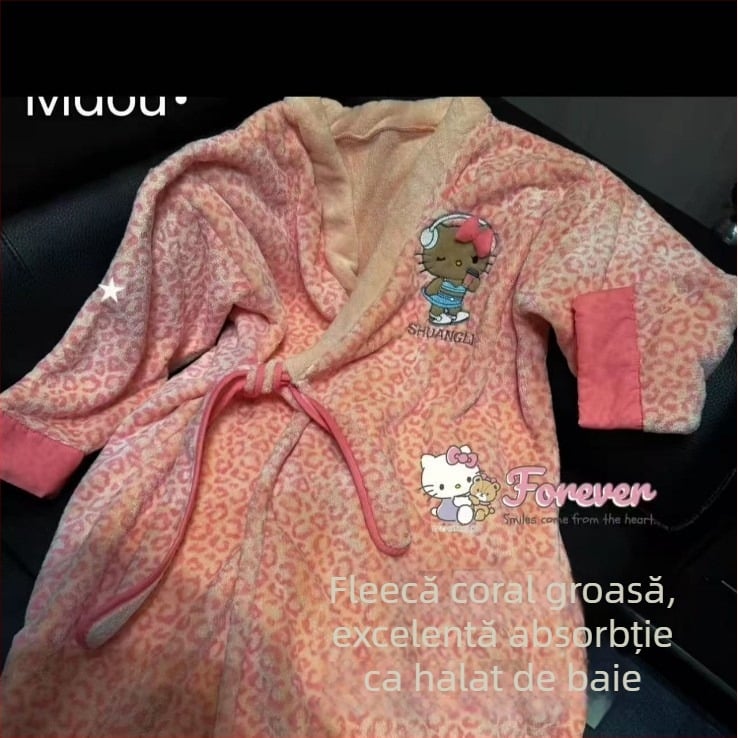 Halat de baie leopard din coral fleece, gros, cald pentru iarnă, femei, 85% poliester