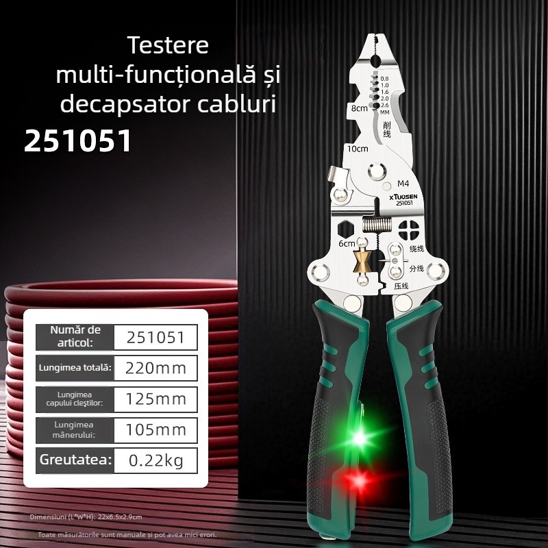 Clește de dezizolat cabluri Xtuosen – Unelte pentru electrician, multifuncțional, cu test electric, vârf ascuțit, 0,22 kg, Model 251051