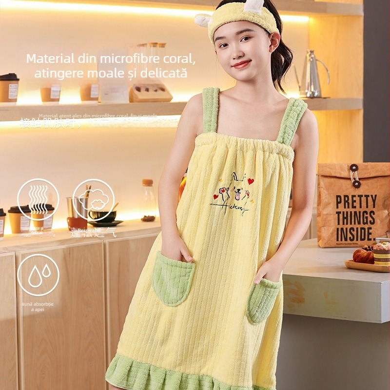 Halat de baie din velur coral, unisex – uscare rapidă, purtare și înfășurare, potrivit pentru toamnă