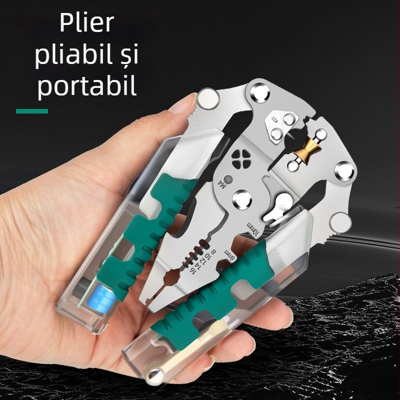 Unealtă pliabilă pentru electricieni: tester de tensiune, șurubelniță, clește pentru dezizolarea cablurilor și clește pentru înfășurarea cablurilor