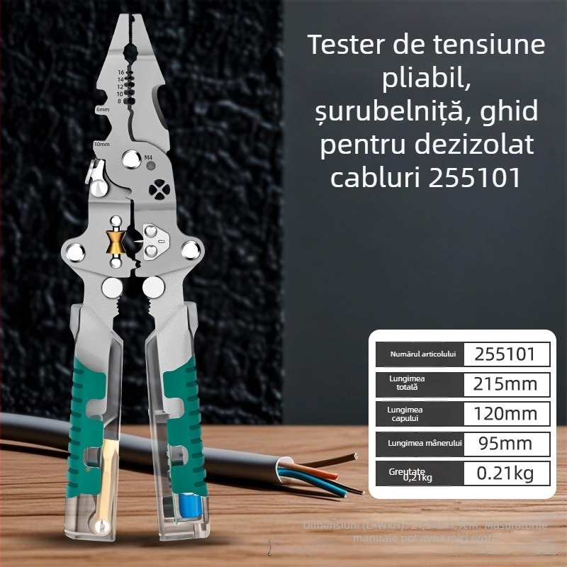 Unealtă pliabilă pentru electricieni: tester de tensiune, șurubelniță, clește pentru dezizolarea cablurilor și clește pentru înfășurarea cablurilor