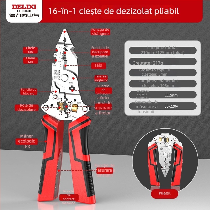 Delixi Clește pliabil pentru dezizolarea cablurilor, tăiere, înfășurare și crimpare – pentru uz casnic, instrument multifuncțional pentru electricieni