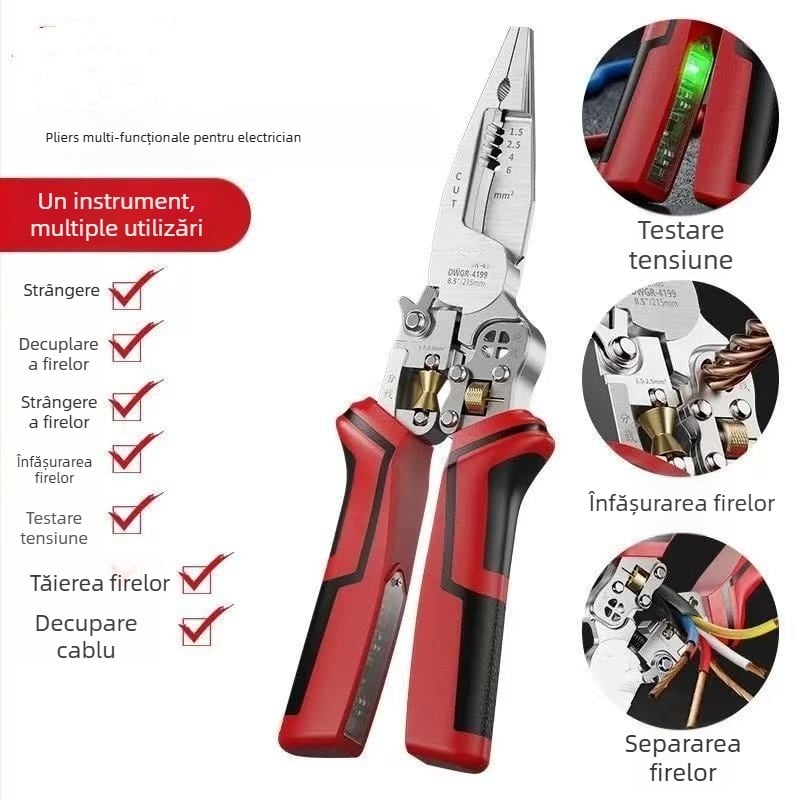 Clește electric multifuncțional cu nas ascuțit pentru tăierea cablurilor, presare conductori, dezizolarea izolației și înfășurarea firelor