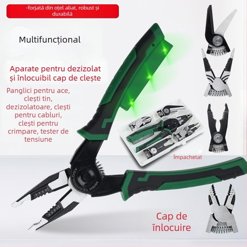 Clește pentru cabluri cu capete interschimbabile 6 în 1 pentru electricieni — clește cu capete multiple, dezizolator de cabluri, foarfă pentru tablă