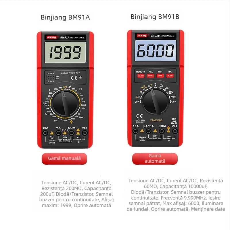 BM91B Multimetru digital cu gamă automată, măsoară temperatura și frecvența, ecran iluminat