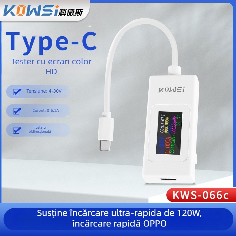 Instrument USB de test pentru curent, tensiune, capacitate și putere, monitor KWS-066C Cosway, intrare 4-30 V, temperatură ambientală 60°C, greutate 20
