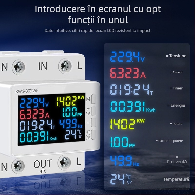 Sistem inteligent WiFi cu LCD pentru contor electric, control de la distanță, protecție la supratensiune, supratemperatură și supracurent.