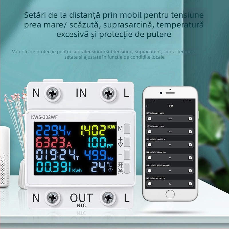 Sistem inteligent WiFi cu LCD pentru contor electric, control de la distanță, protecție la supratensiune, supratemperatură și supracurent.