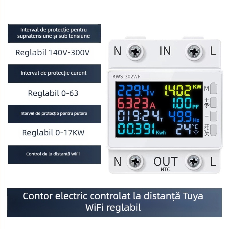Sistem inteligent WiFi cu LCD pentru contor electric, control de la distanță, protecție la supratensiune, supratemperatură și supracurent.