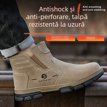 Încălțăminte de protecție pentru sudură: slip-on ușoare, respirabile, din piele velur de vițel, cu vârf din oțel, anti-șoc și anti-perforație