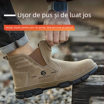Încălțăminte de protecție pentru sudură: slip-on ușoare, respirabile, din piele velur de vițel, cu vârf din oțel, anti-șoc și anti-perforație