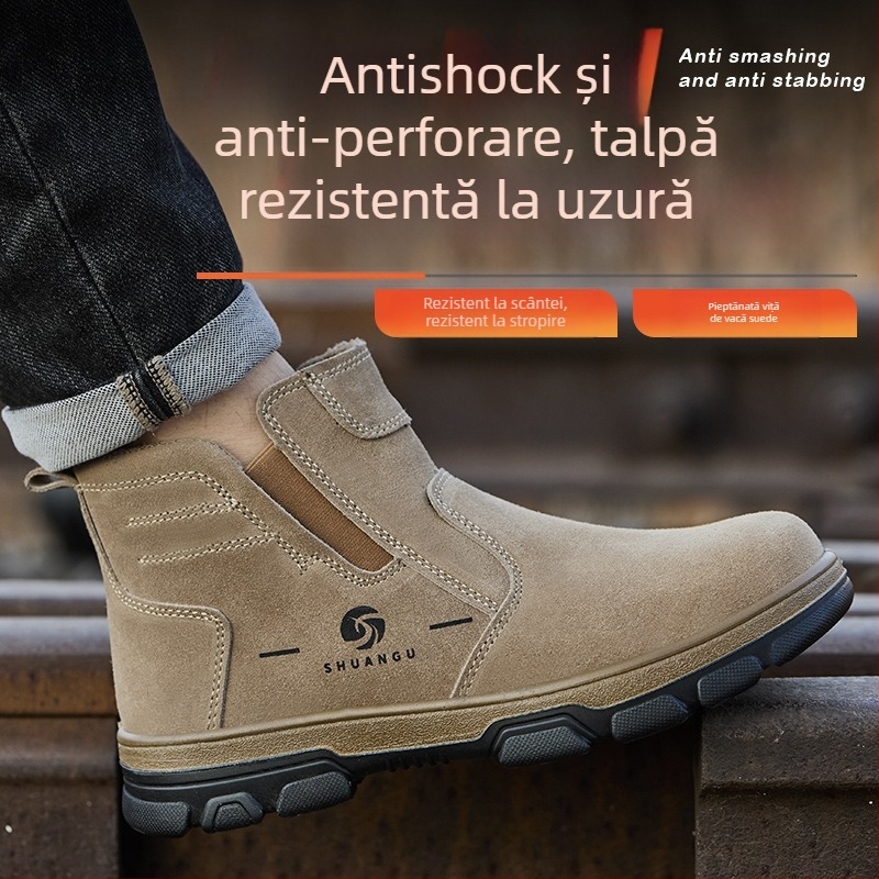 Încălțăminte de protecție pentru sudură: slip-on ușoare, respirabile, din piele velur de vițel, cu vârf din oțel, anti-șoc și anti-perforație