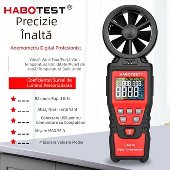 Anemometru portabil HABOTEST HT625A/B, tester digital de volum de aer, cu precizie înaltă pentru viteza vântului, temperatură și umiditate