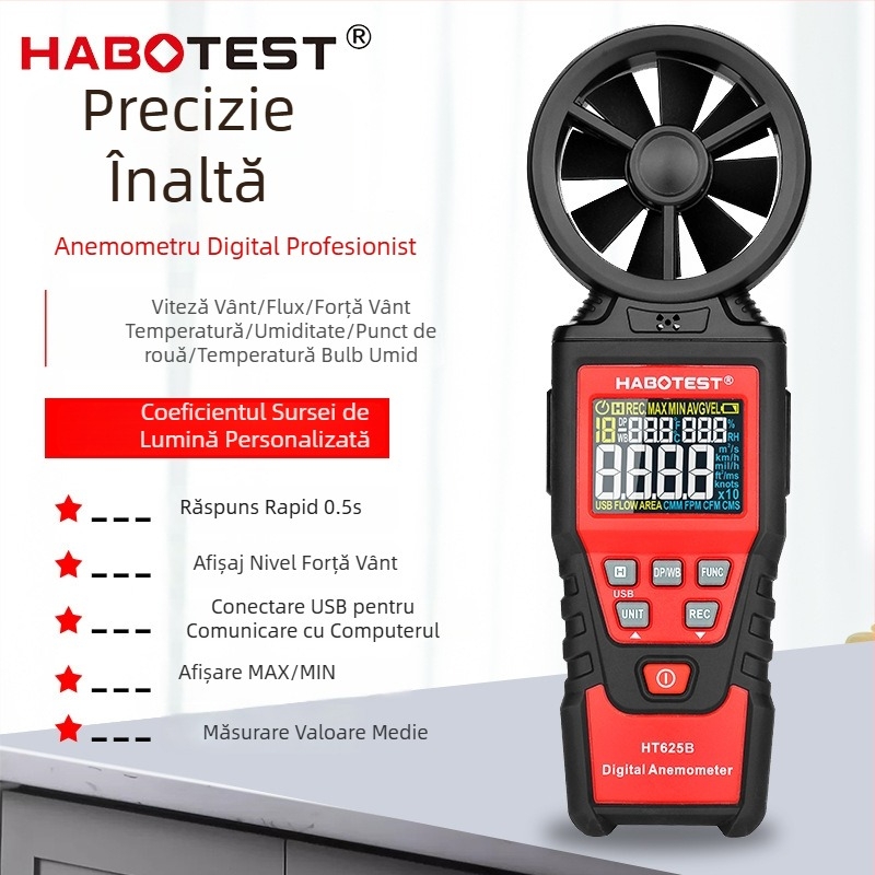 Anemometru portabil HABOTEST HT625A/B, tester digital de volum de aer, cu precizie înaltă pentru viteza vântului, temperatură și umiditate